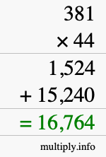 How to calculate 381 times 44 using long multiplication