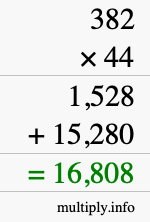 How to calculate 382 times 44 using long multiplication