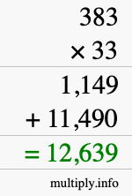 How to calculate 383 times 33 using long multiplication