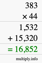 How to calculate 383 times 44 using long multiplication