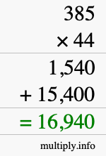 How to calculate 385 times 44 using long multiplication
