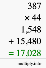 How to calculate 387 times 44 using long multiplication