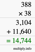 How to calculate 388 times 38 using long multiplication