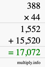 How to calculate 388 times 44 using long multiplication