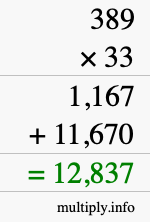 How to calculate 389 times 33 using long multiplication