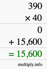 How to calculate 390 times 40 using long multiplication