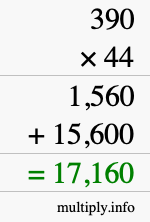 How to calculate 390 times 44 using long multiplication