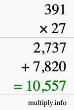 How to calculate 391 times 27 using long multiplication