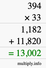 How to calculate 394 times 33 using long multiplication