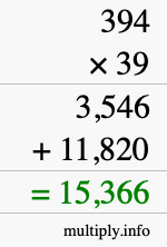 How to calculate 394 times 39 using long multiplication