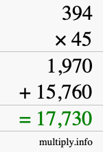 How to calculate 394 times 45 using long multiplication How to calculate 394 times 45 using long multiplication