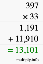 How to calculate 397 times 33 using long multiplication