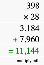 How to calculate 398 times 28 using long multiplication