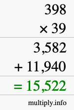 How to calculate 398 times 39 using long multiplication