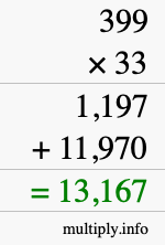 How to calculate 399 times 33 using long multiplication
