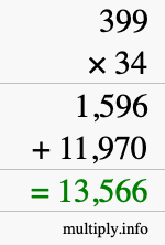How to calculate 399 times 34 using long multiplication