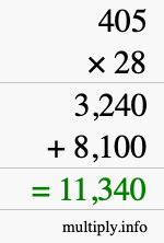 How to calculate 405 times 28 using long multiplication