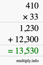How to calculate 410 times 33 using long multiplication