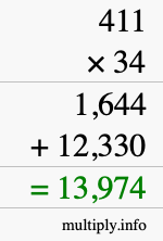How to calculate 411 times 34 using long multiplication