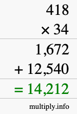 How to calculate 418 times 34 using long multiplication