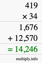 How to calculate 419 times 34 using long multiplication