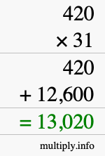 How to calculate 420 times 31 using long multiplication