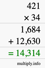 How to calculate 421 times 34 using long multiplication