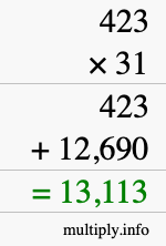 How to calculate 423 times 31 using long multiplication