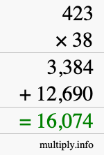 How to calculate 423 times 38 using long multiplication