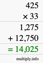 How to calculate 425 times 33 using long multiplication