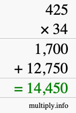 How to calculate 425 times 34 using long multiplication