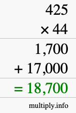How to calculate 425 times 44 using long multiplication
