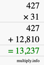 How to calculate 427 times 31 using long multiplication