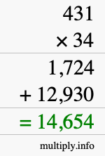 How to calculate 431 times 34 using long multiplication