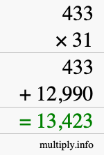 How to calculate 433 times 31 using long multiplication