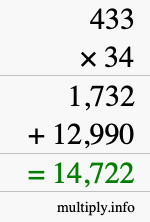 How to calculate 433 times 34 using long multiplication