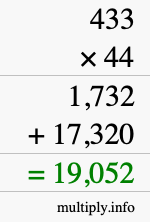 How to calculate 433 times 44 using long multiplication