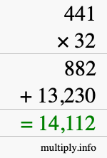 How to calculate 441 times 32 using long multiplication