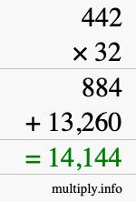 How to calculate 442 times 32 using long multiplication
