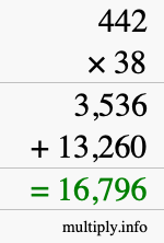 How to calculate 442 times 38 using long multiplication