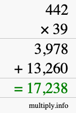 How to calculate 442 times 39 using long multiplication