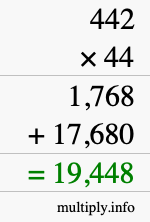 How to calculate 442 times 44 using long multiplication