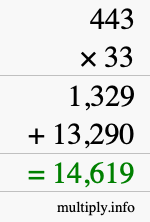 How to calculate 443 times 33 using long multiplication