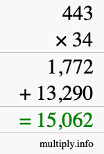 How to calculate 443 times 34 using long multiplication