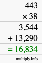 How to calculate 443 times 38 using long multiplication