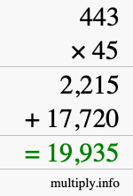 How to calculate 443 times 45 using long multiplication
