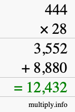 How to calculate 444 times 28 using long multiplication