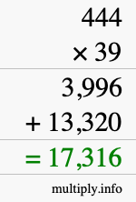 How to calculate 444 times 39 using long multiplication