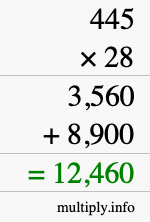 How to calculate 445 times 28 using long multiplication