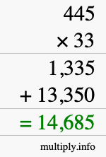 How to calculate 445 times 33 using long multiplication